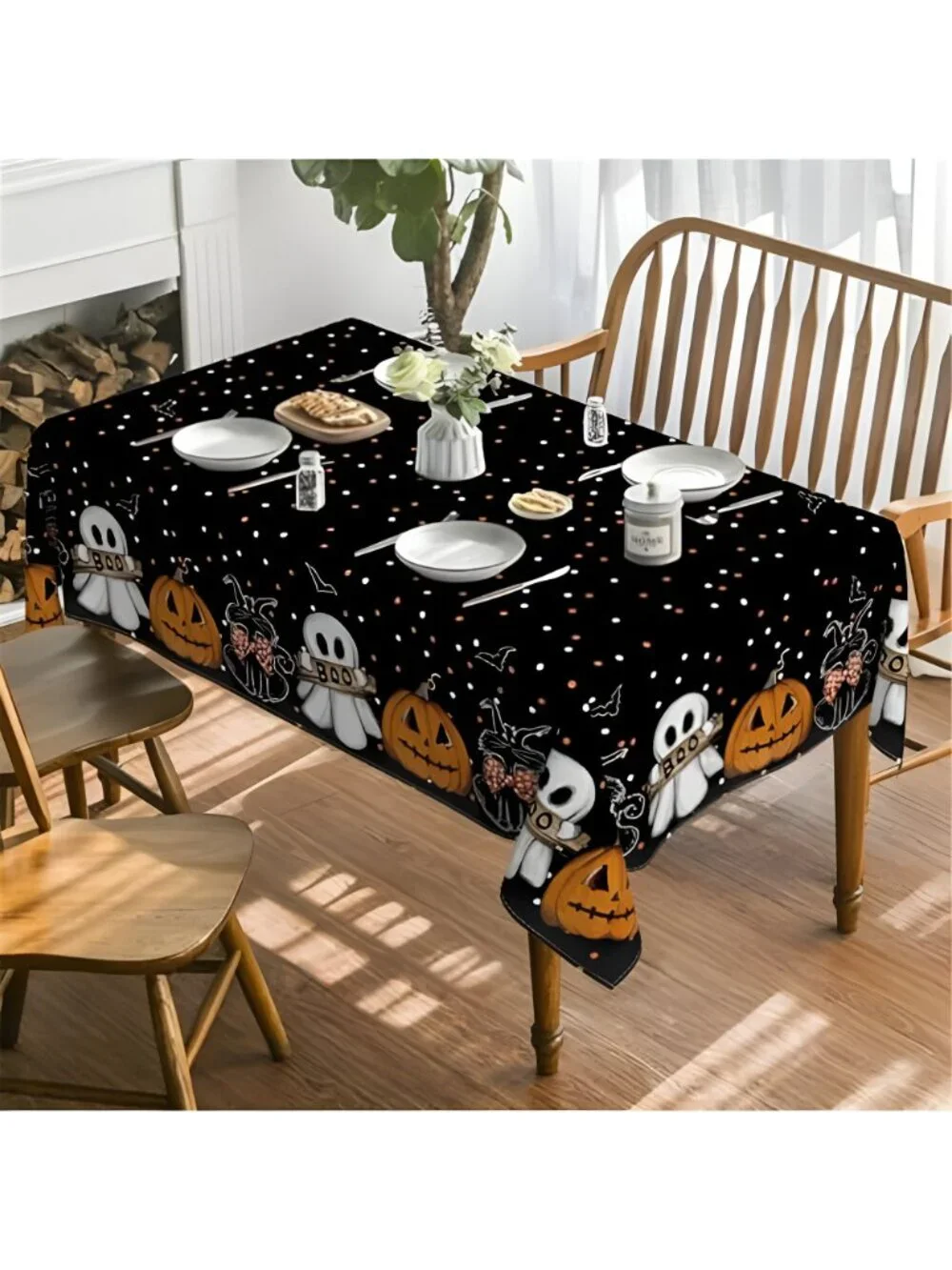 Halloween Tablecloth 60 x 84 Inch Rectangular Jack-O-Lantern Cat